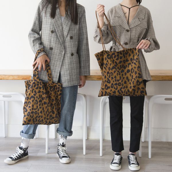 

corduroy leopard print canvas bag ladies shoulder casual tote shopping bag large capacity handbags totes women