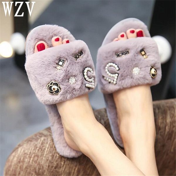 

brand perfume decoration fur slippers women winter flip flops camellia pearl beading fur shoes woman pantufas cozy slides c295, Black