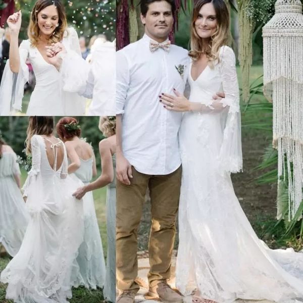 

backless шнурка глубокий v шеи свадебные dresse с длинным рукавом с лентой open back vestidos де novia bohemian свадебное платье платье неве, White