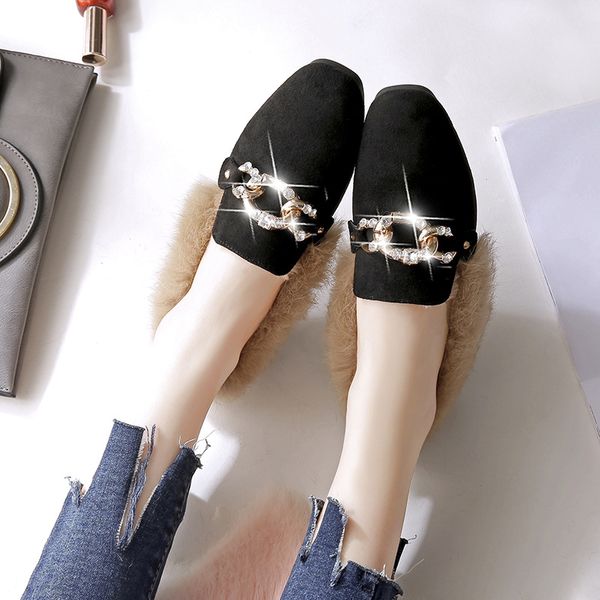 

shoes woman flats slip-on autumn casual female sneakers 2019 fashion women's square toe loafers with fur dress slip on fall new, Black