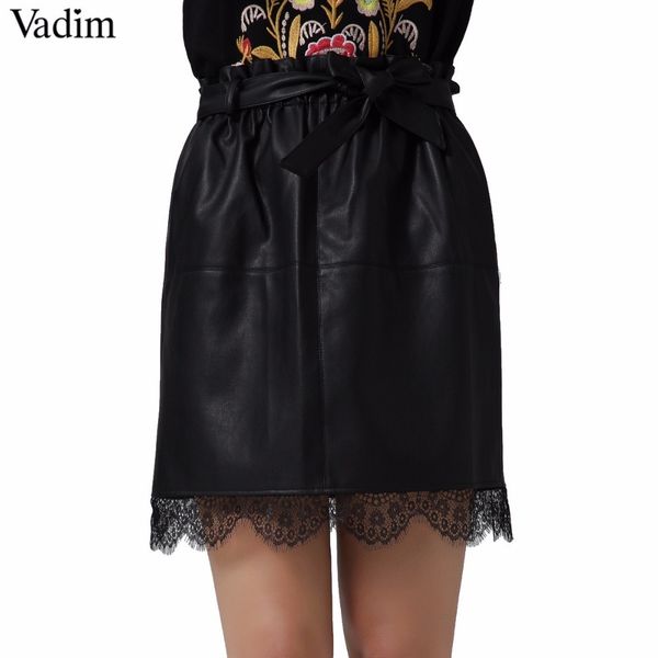 

vadim women lace patchwork pu leather mini skirts sashes pockets elastic waist faldas european style fashion black skirts bsq610, Black;gray