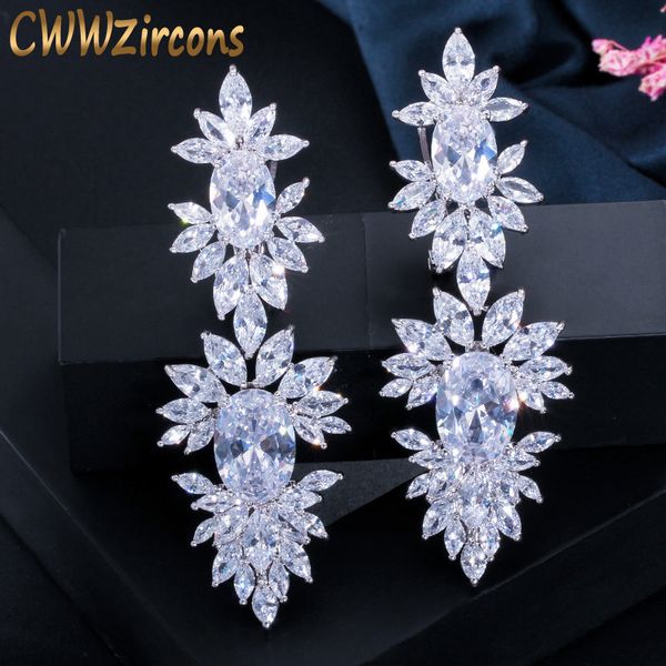 

cwwzircons luxurious clear cubic zircon stone setting long wedding drop dangle earrings with marquise shape zirconia cz322, Silver