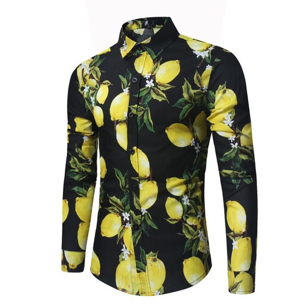 

mens fashion fruit print dress shirts camisa masculina 2020 brand slim fit long sleeve shirt men beach casual hawaiian shirt man, White;black