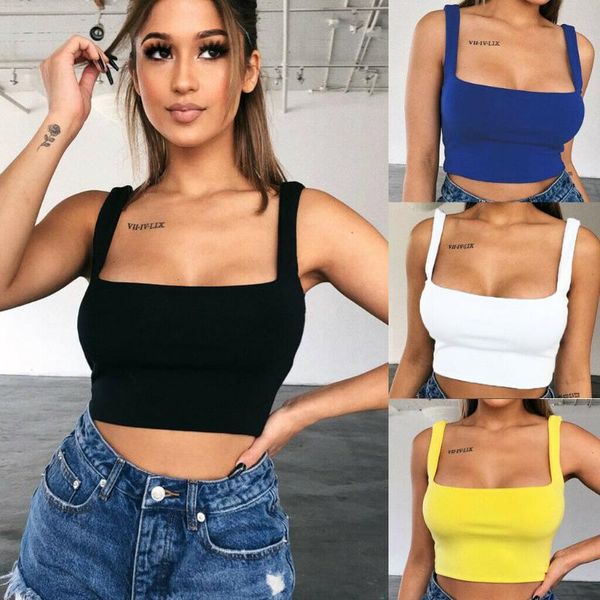 

women's tanks & camis summer casual women square neck sleeveless tank solid stretch strappy t-shirt crop cami, White