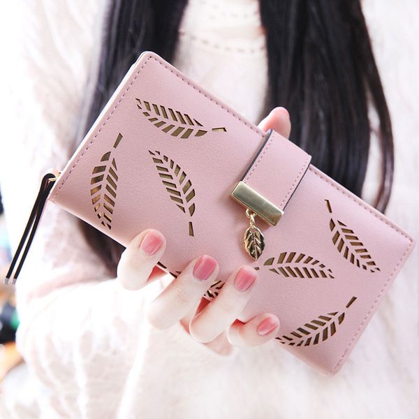 

fashion hollow leaves women cash wallet pu purse long lady handbags ladies texture holder -opk, Red;black