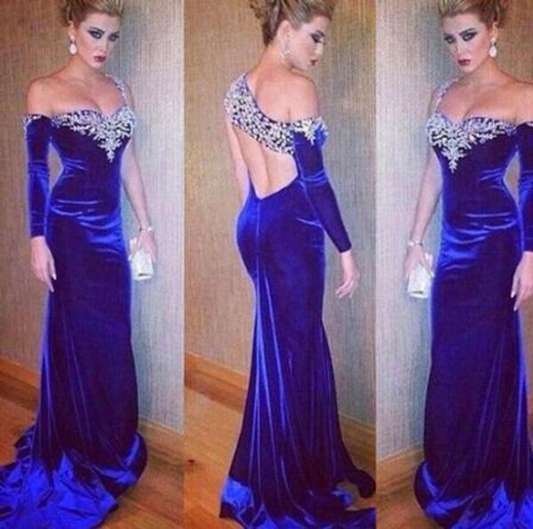 

2020 one shoulder long sleeves beading royal blue velvet mermaid evening dresses sweetheart open back velvet prom gown formal party dress, Black;red