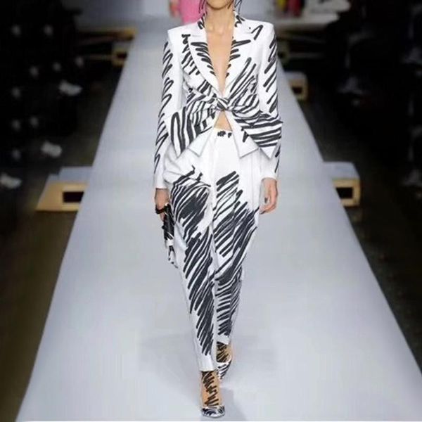 

womens trousers suit printing womens suit two-piece v-neck bow jacket high waist harlan trousers womens clothing, White