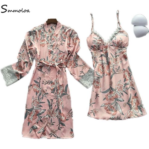 

smmoloa spring summer silk women lace bathrobe two pieces sleep set print sleepwear, Black;red
