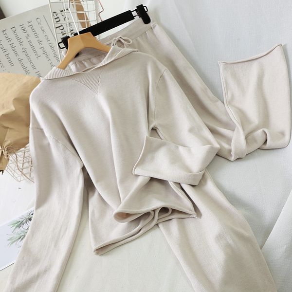 

two piece dress cbafu solid set women casual hooded knitted + loose elastic waist long pants autumn tracksuit matching f503, White