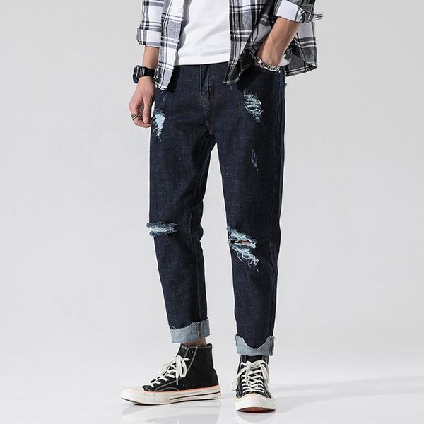 

jeans men new fashion casual denim solid comfort loose straight pants hole jeans long trouser peto vaquero hombre #4b15, Blue
