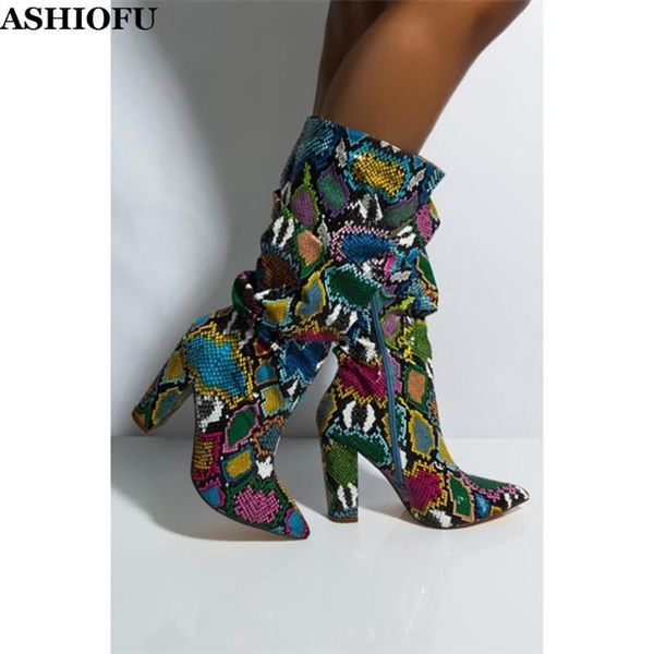 

ashiofu handmade ladies chunky heel boots faux-snake leather party mid-calf boots evening club prom fashion short shoes, Black