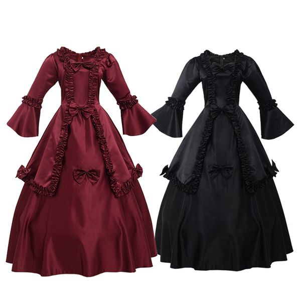 Kadınlar Uzun Kollu Lolita Kostüm Petticoat BORDO SİYAH Victorian Elbise ile Vintage Karnaval Rönesans Elbiseler