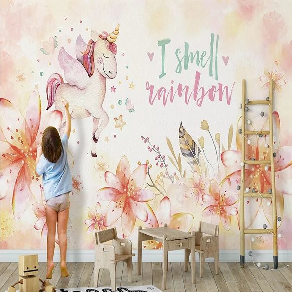 

custom large mural 3d wallpaper nordic cartoon unicorn pink dream flower child bedroom mural tv back wall decor deep 5d embossed