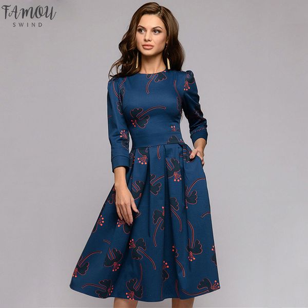 

autumn elegent 3/4 sleeve florl print dress women casual o-neck a line summer dresses elegent party vestidos, Black;gray