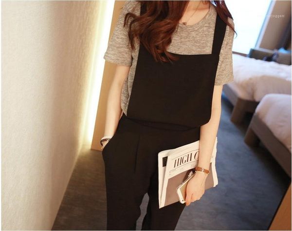 

wide leg pants female summer capris thin section new loose student suspenders jumpsuit high waist chiffon womens pants strap, Black;white