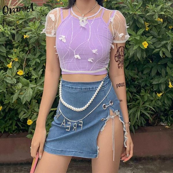 

orangea 2020 new butterfly mesh women o-neck short sleeve lace crop solid white summer fashion streetwear skinny outfits