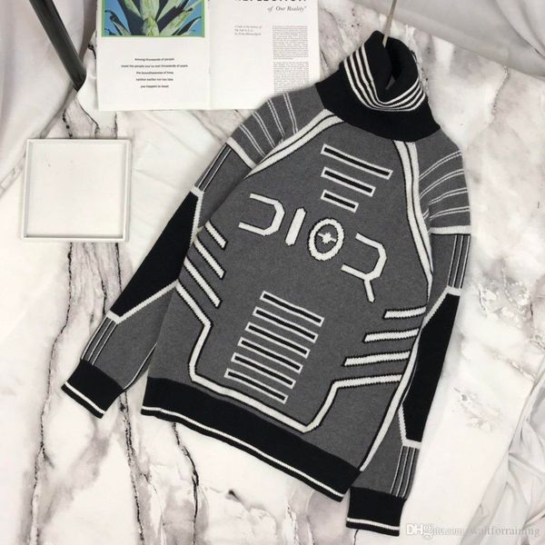 

2019 european retro casual mens sweater metal futuristic high-necked autumn letter embroidery classic design sweaters for men, White;black