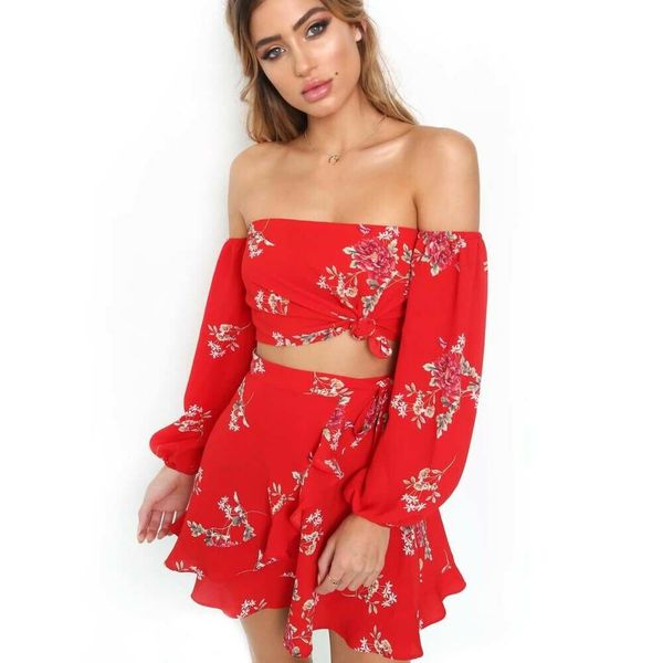 

women 2pcs print off shoulder crop + ruffle mini skirt beachwear holiday outfits clothes, White