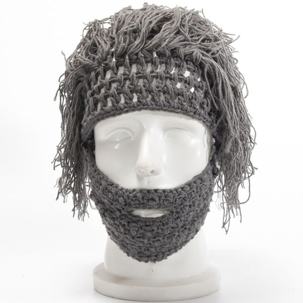 

foreign trade autumn winter men's knitted hat halloween party weird hand-made wool beard wig cap