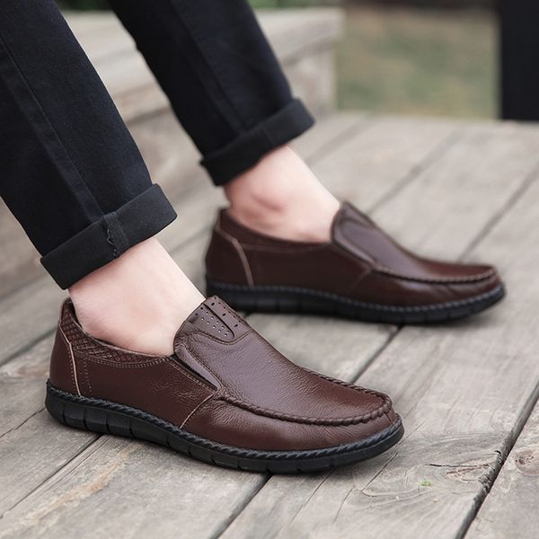 

men's soft leather pu shoes solid color slip-on male business shoe comfortable non-slip casual loafers male flats scarpe uomo, Black