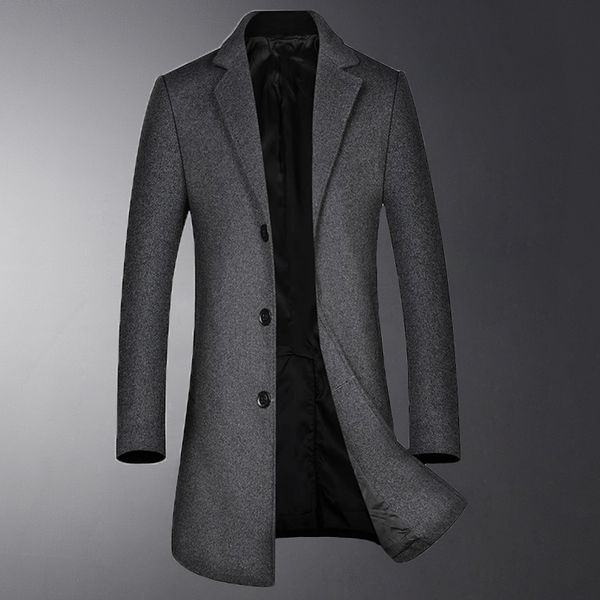 

minglu wool mens trench luxury solid color single breasted mens jackets and coats autumn winter business and casual man coats, Black