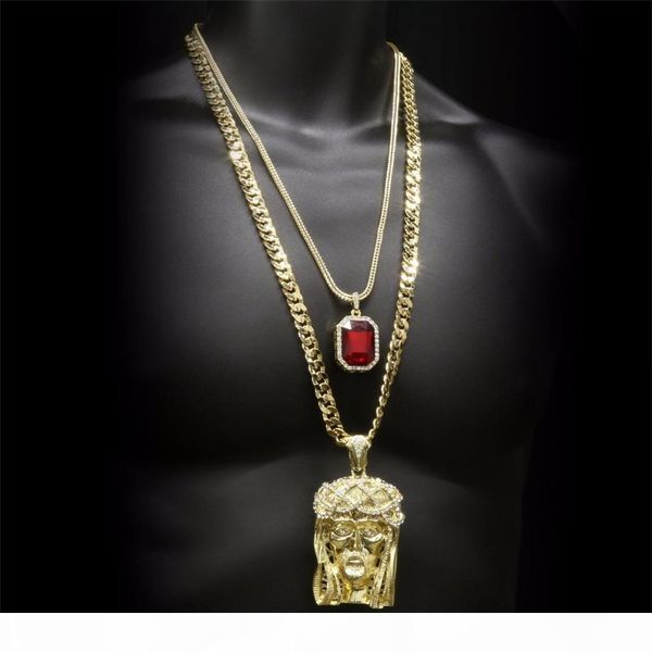 

hip hop golden crowned jesus head pendant iced out square gem crystal double pendants necklaces set cuban chain, Silver