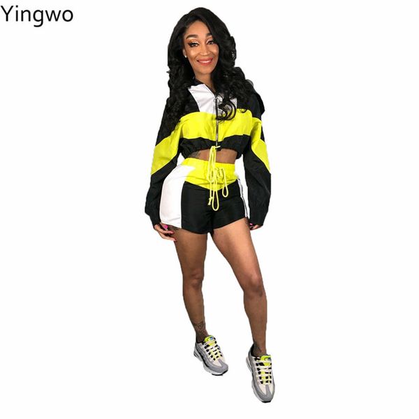 

mixed color spliced spring fashion woman two pieces set front zipper long sleeve crop elastic waist mini shorts suit 2019, White