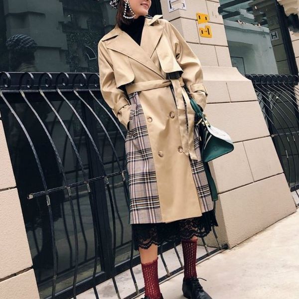 

new fashion women fall khaki long trench green pleated plaid patchwork overcoat long sleeve turn-down trench, Tan;black