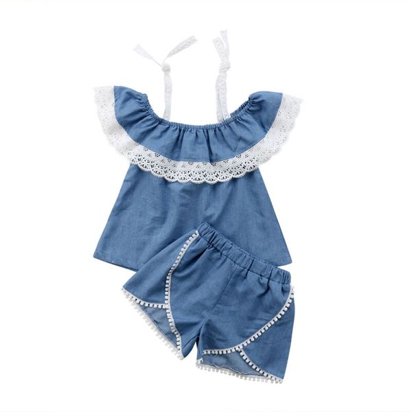 

summer baby girls off shoulder lace patchwork t shirt +tassel shorts lovely fashion outfits clothes set, White
