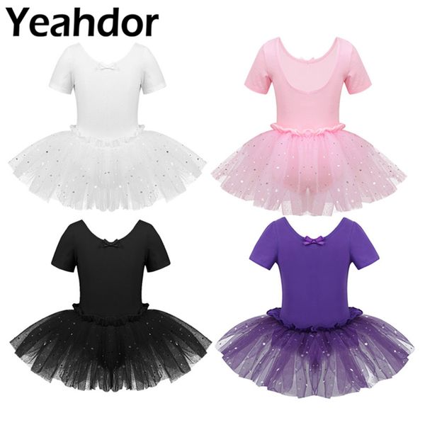 

kids girls shiny stars sequins mesh ballet leotard dress short sleeves u-shaped back dance tutu dress gymnastics leotard, Black;red