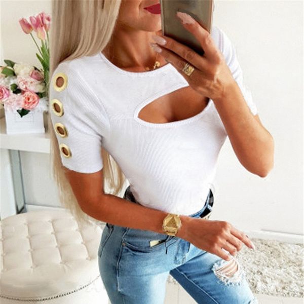 

women's summer solid color round neck short sleeve button t-shirt, White