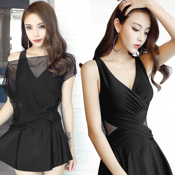 

2019 one-piece skirt conservative belly-covering backless blouse spring dress swim swimsuit two-piece suit, White;black