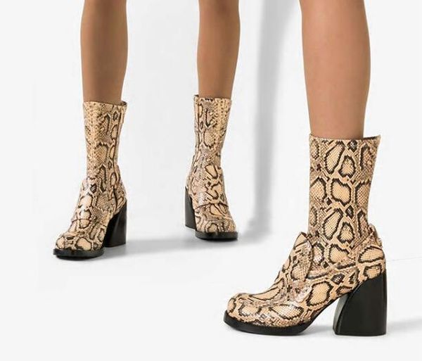 

fashion python pattern leather ankle boots runway square toe thick heel woman riding boots short black