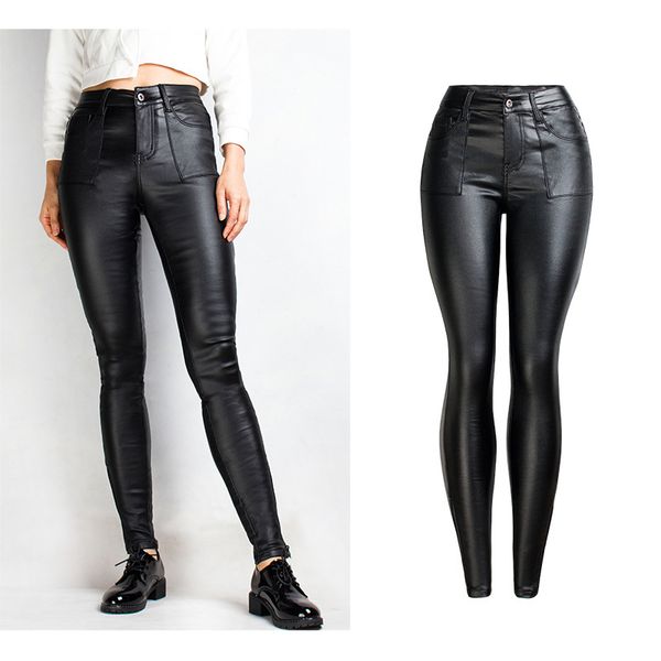 

2019 thick pu leather slim black jeans women slim skinny jeans for women warm inside plus size 3xl pencil pants female trousers, Blue