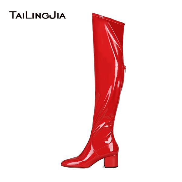 

women red patent leather block heel over the knee high boots comfy low heel round toe back zipper black stretch suede boots 2017