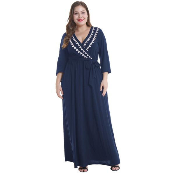 

2019 spring european and american large size women pregnant bracelet sleeve long v-neck solid explosive models plus size dresses, White