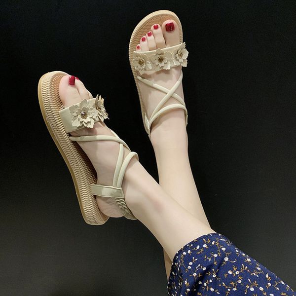 

cross strap summer sandals with flower shoes sandalia feminina women stretch sandals 2020 non-slip on shoes lady black beige