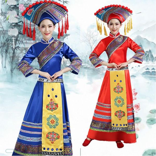 

folk ethnic clothing guangxi zhuang national minority dance garment women hat skirt jacket group performance costume, Red