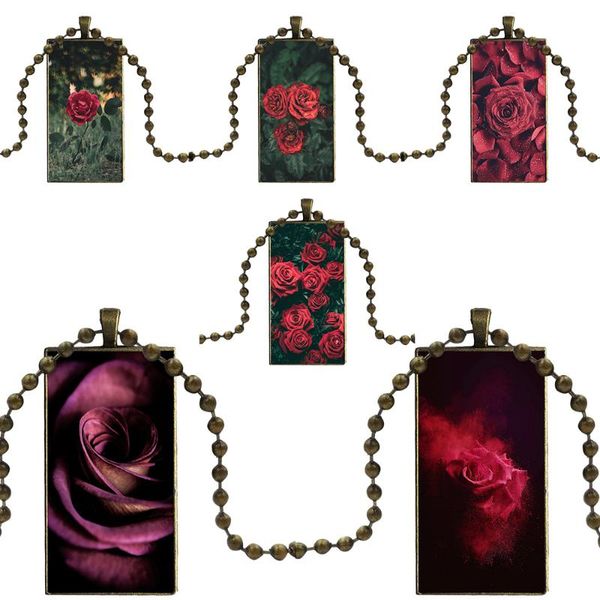 

jewelry with steel plated glass cabochon choker long pendant rectangle necklace for women men beautiful flower redrose, Silver