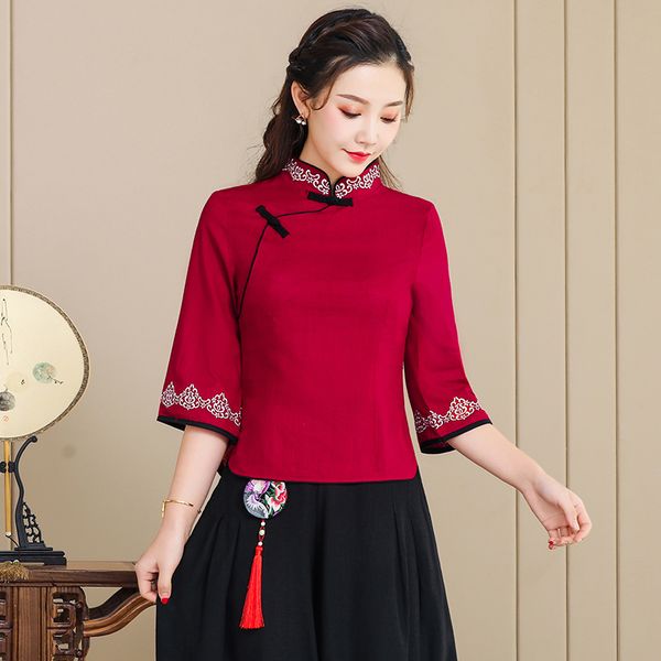 

kyqiao ethnic blouse women spring elegant vintage mandarin collar half sleeve red blue white embroidery shirt