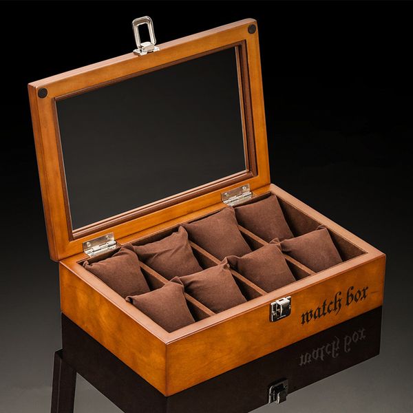 

8 slots wood watch box case new coffee watch storage case with lock display gift box jewelry women cases c033, Black;blue