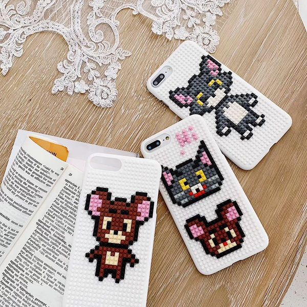 

for iphone xs xr phone case childhood tom cat jerry mouse cartoon building blocks phone case support 2pcs delivery