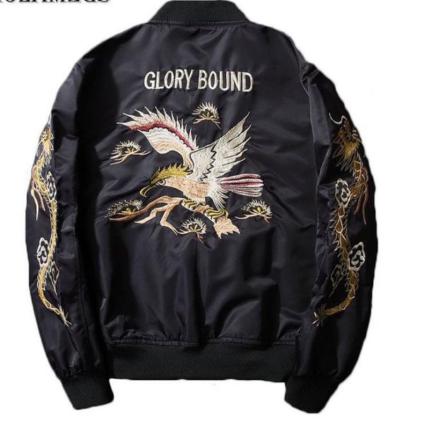 

2019 fashion dragon eagle embroidered men's jacket stand collar fashion jacket autumn men's bomb baseball, Black;brown
