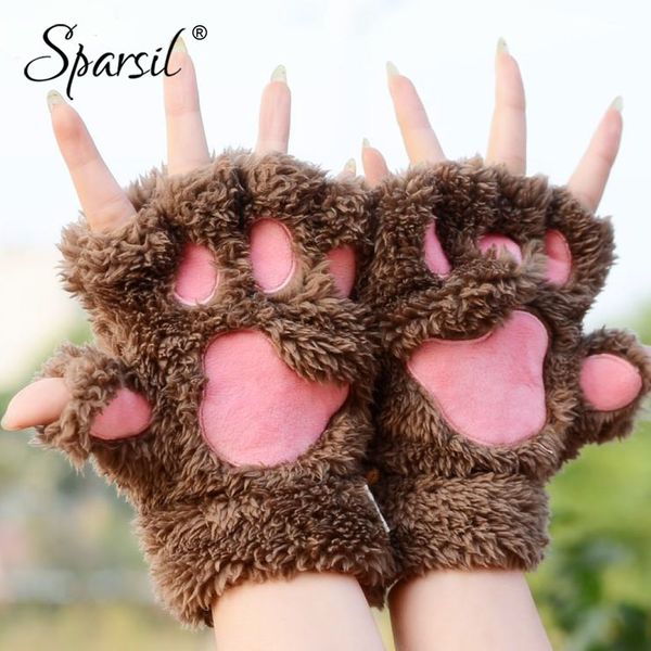 

sparsil women winter half-fingers furry gloves cute cat claw bear glove fingerless cosplay thicken plush warm gloves mittens, Blue;gray