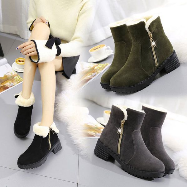 

women boots winter shoes plus size 2019 zipper solid warm plush booties ankle boots shoes women snow fashion botas mujer, Black