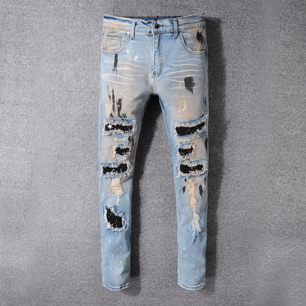 

2019 summer new men jeans,blue color patchwork casual pants slim fit brand streetwear stretch biker jeans men