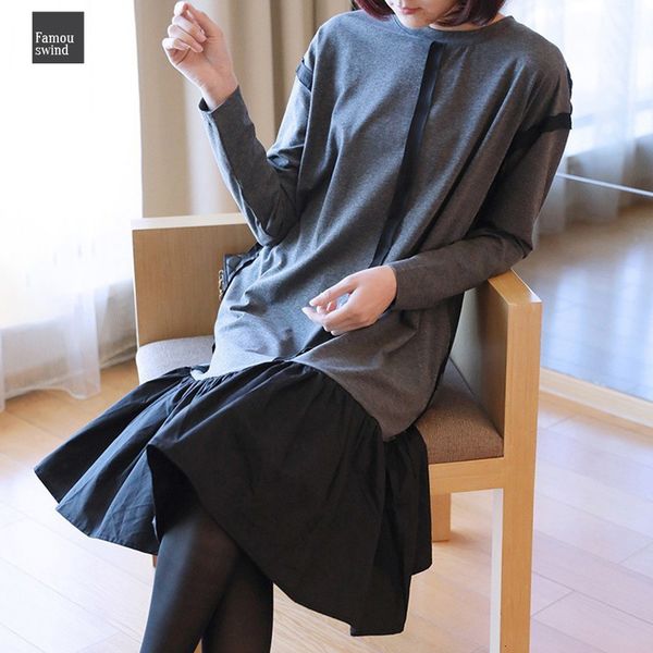 

2019 новое платье весна сборки заплатки hemlin женщины с длинным рукавом сыпучие o шеи сыпучие повседневный ткань платье yf790, Black;gray