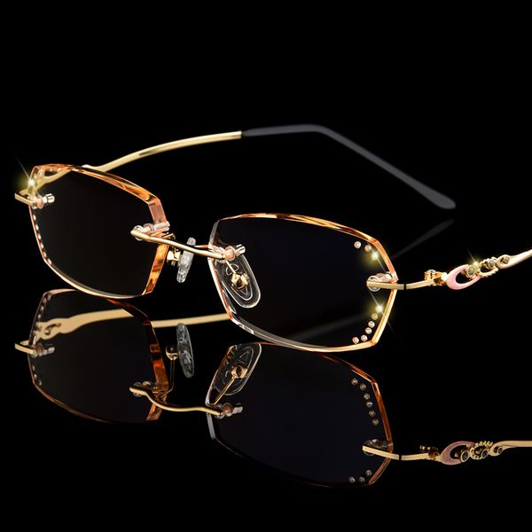 

fashion rhinestone reading glasses magnifier women diamond cutting rimless glasses gold purple readers presbyopic eye d5, White;black