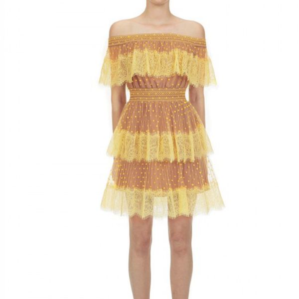 

2020 summer off shoulder dress woman runway yellow lace dresses, Black;gray