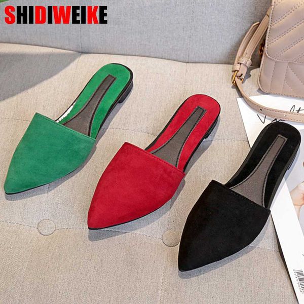

woman shoes flats mules fashion pointed toe slippers slip on slides ladies shallow sandals zapatos mujer black red green f767